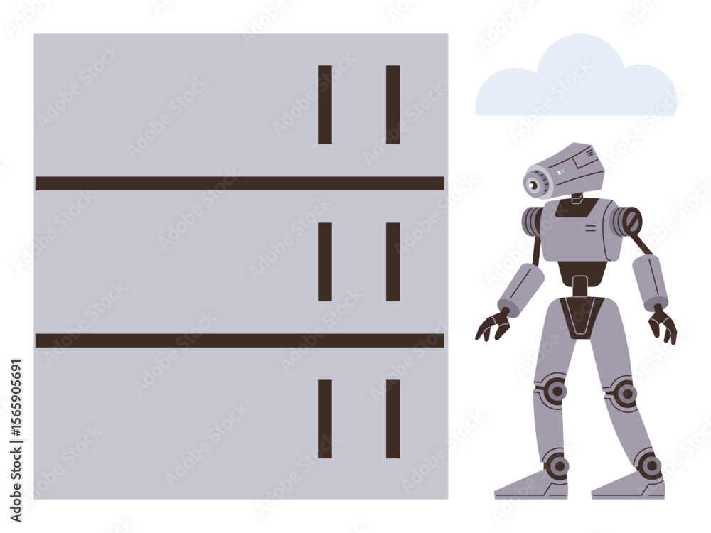 Poster humanoid robot beside stacked servers with cloud overhead, symbolizing automation, ai, data storage,
