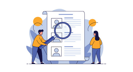 Team members are carefully examining a resume on a large document using a magnifying glass for recruitment and hiring process