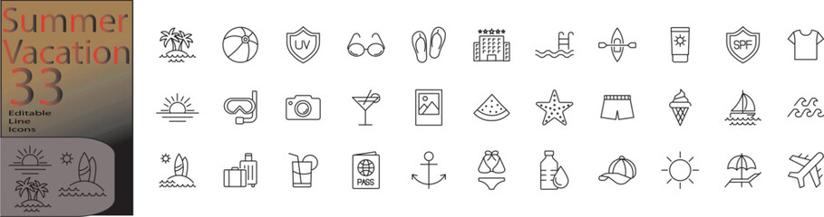 Summer Vacation icon set.  Editable line icons. Vector illustration.