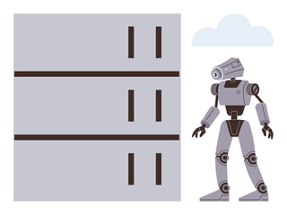 Humanoid robot beside stacked servers with cloud overhead, symbolizing automation, AI, data storage, cloud computing, machine learning, innovation, futuristic technology. Ideal for tech robotics