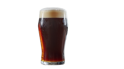 Dark amber beer in a tall glass with a frothy head