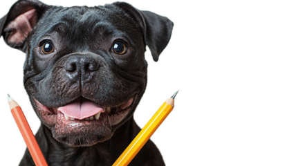 Smiling black dog with pencils