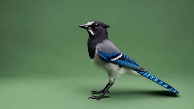 A blue jay standing on a green surface looking to the left with its head tilted slightly up green screen bird video