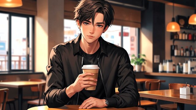 Young American man in black cute fashion, looking cute and holding a coffee on a cafe background