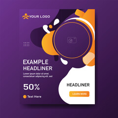 Modern abstract social media template with flowing purple and orange shapes, featuring a sale offer and image placeholder.