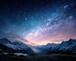 Snowy mountains under a starry night sky