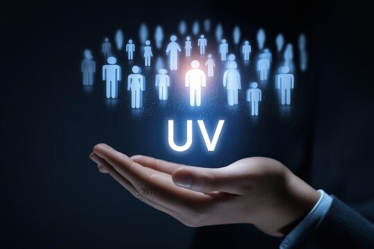 Digital illustration of a hand presenting glowing UV - related icons of people, with a central highlighted figure, suitable for marketing and business - related uses. 