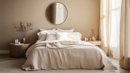 Beige bedroom interior, natural light