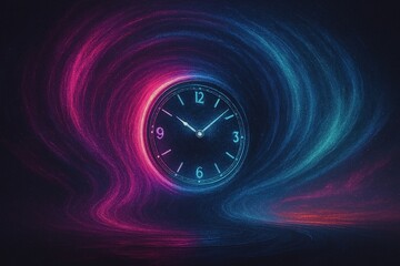 Glowing Neon Clock with Vortex Light Trails &ndash; Abstract Concept of Time Flow in a Surreal Cosmic Space Design