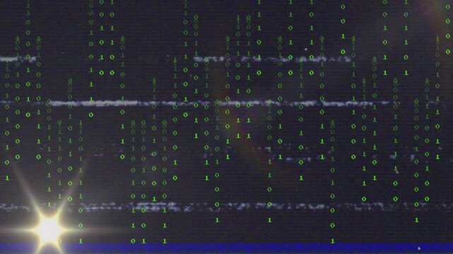 Static lines shifting starting binary code falling, scan line flashing flare pulsing showing glitch