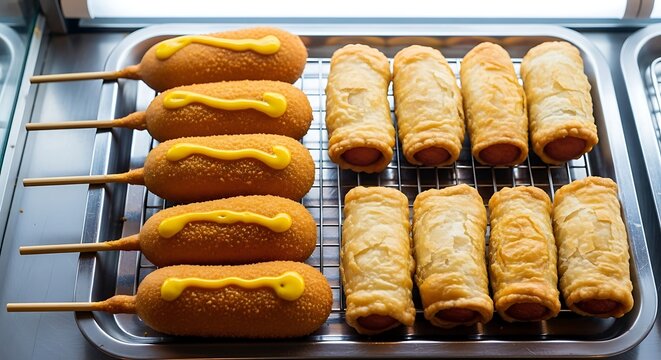 Close up of corn dogs with mustard and pastry wrapped hot dogs on a metal rack - Powered by Adobe