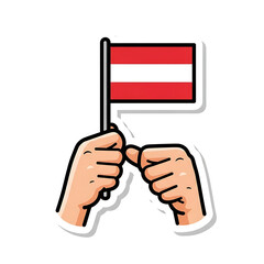 Cartoon Hands Holding Austrian Flag with Red and White Stripes.
