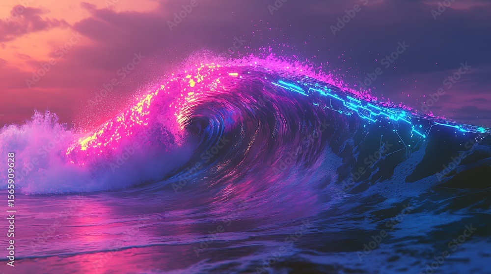 Poster a high-tech neon wave breaking on the shore with glowing colors in a digital setting