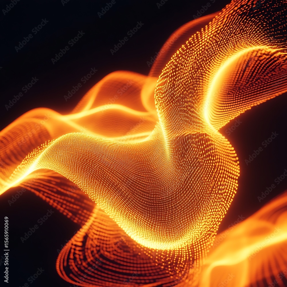 Poster A series of glowing neon orange waves swirling in dynamic motion creating an intricate light display