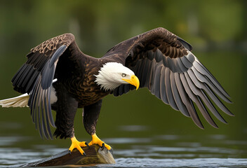 Fototapeta premium Majestic bald eagle perched on a log with wings spread, ready to take flight over the water.