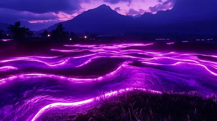 Fototapete Rund A surreal blend of purple and pink neon waves sweeping across a glowing landscape creating beautiful patterns in the dark © shehla