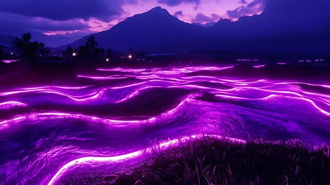 A surreal blend of purple and pink neon waves sweeping across a glowing landscape creating beautiful patterns in the dark