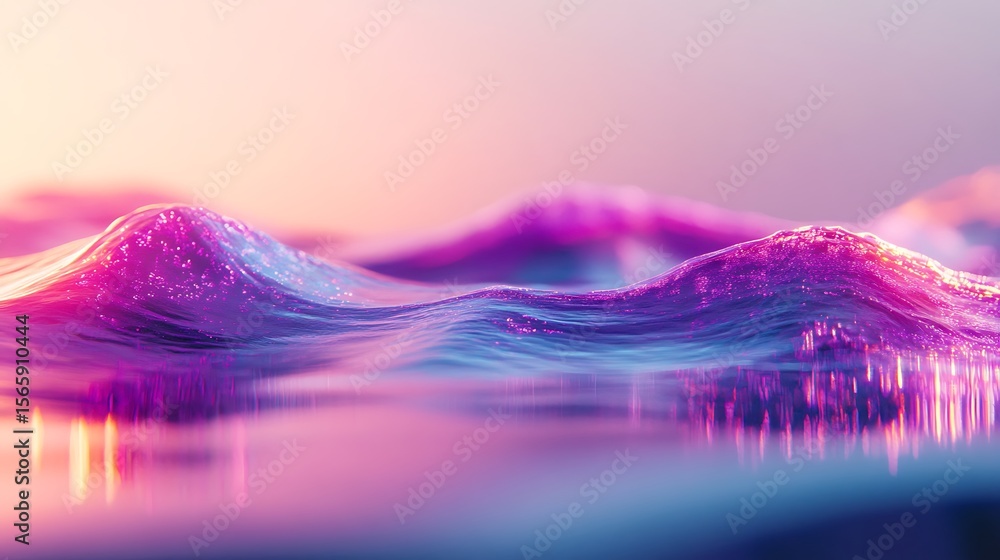 Poster a surreal wave of neon light cascading over a reflective surface with a subtle ripple effect in glow
