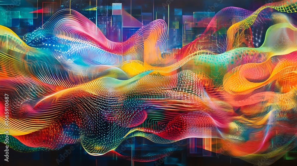 Poster Abstract neon colored waves blending into a pulsating digital grid waves forming intricate colorful patterns