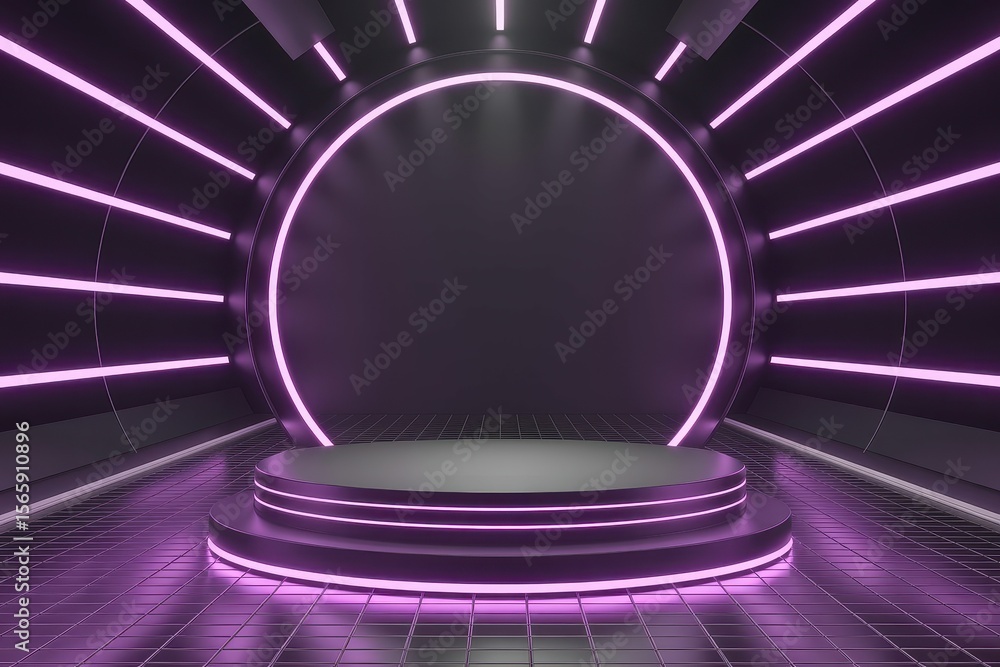 Poster round podium with futuristic science space background with purple neon theme for display product