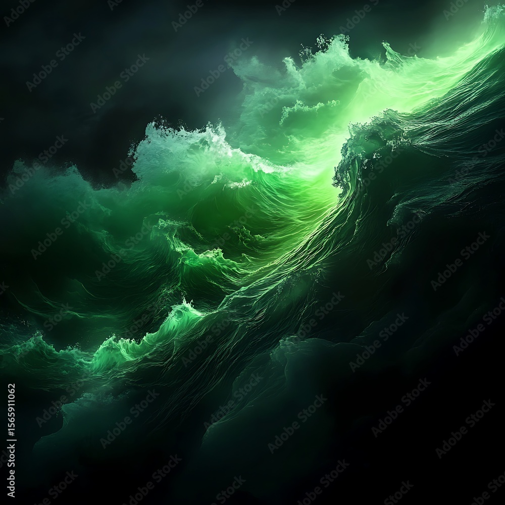 Poster bright neon green waves surging in a virtual ocean creating a hypnotic display of light and color ac