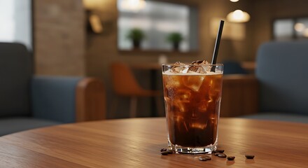 Refreshing Glass of Iced Coffee in a Cozy Cafe Setting with Soft Lighting
