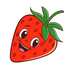 Obraz premium Flat Vector Illustration of a Cute Smiling Strawberry with a Cartoon Face