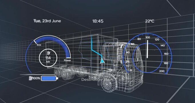 At start truck battery gauge rising, speed pointer climbing then falling illustrating energy flow