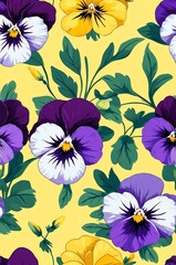 Pansies on yellow background cartoonish seamless pattern