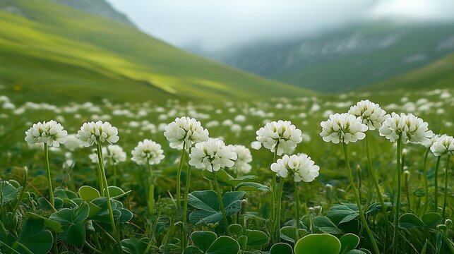 White Clover Field in Mountains - Powered by Adobe