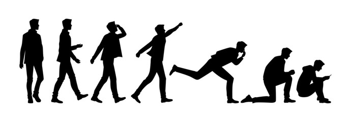 Set of male silhouette character poses expressing stress, confusion, anxiety, panic, and despair. Ideal for concepts like failure, financial loss, or emotional struggle.