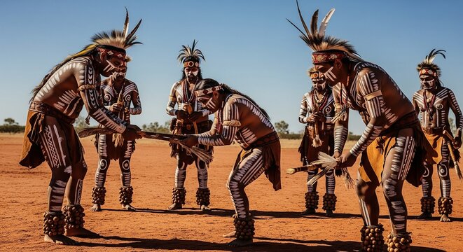 Indigenous Australian men performing a cultural ceremony in the outback