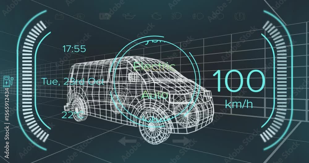 Poster opening with 3d wireframe van floating in hud ring visualizing mode shifting and speed changing
