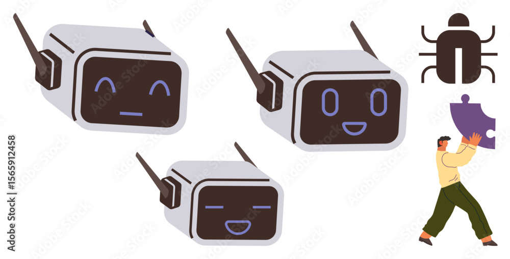 Poster three chatbot faces expressing emotions, bug icon symbolizing error, person lifting puzzle piece ind