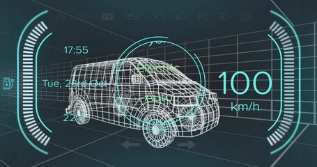 Opening with 3D wireframe van floating in HUD ring visualizing mode shifting and speed changing - Powered by Adobe