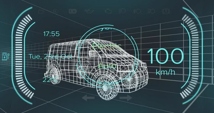 Opening with 3D wireframe van floating in HUD ring visualizing mode shifting and speed changing