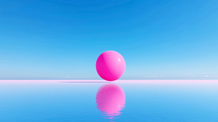 Minimalist pink sphere floating above still water with a perfect reflection under a clear blue sky. Surreal and modern visual ideal for design, branding, or conceptual advertising.