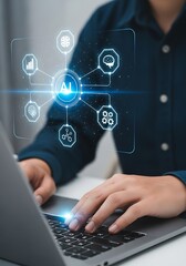 Person using laptop with artificial intelligence interface