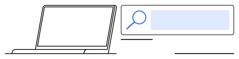 Obraz premium Open laptop alongside magnified search bar inspires digital research, online tools, and technology themes. Ideal for education, innovation, workplace, productivity, browsing, remote work simple