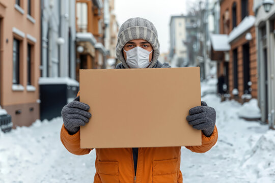 Man wearing face mask gloves and winter coat holding cardboard box during snow delivery in city street