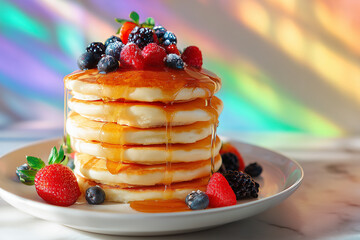 Fluffy Pancakes with Fresh Berries and Maple Syrup