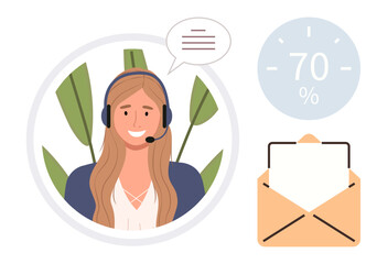Smiling woman wearing headset in front of leaves, speech bubble, email envelope, and progress percentage graphic. Ideal for communication, customer support, productivity, online services, feedback