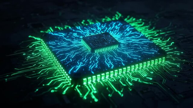 Glowing computer processor on circuit board