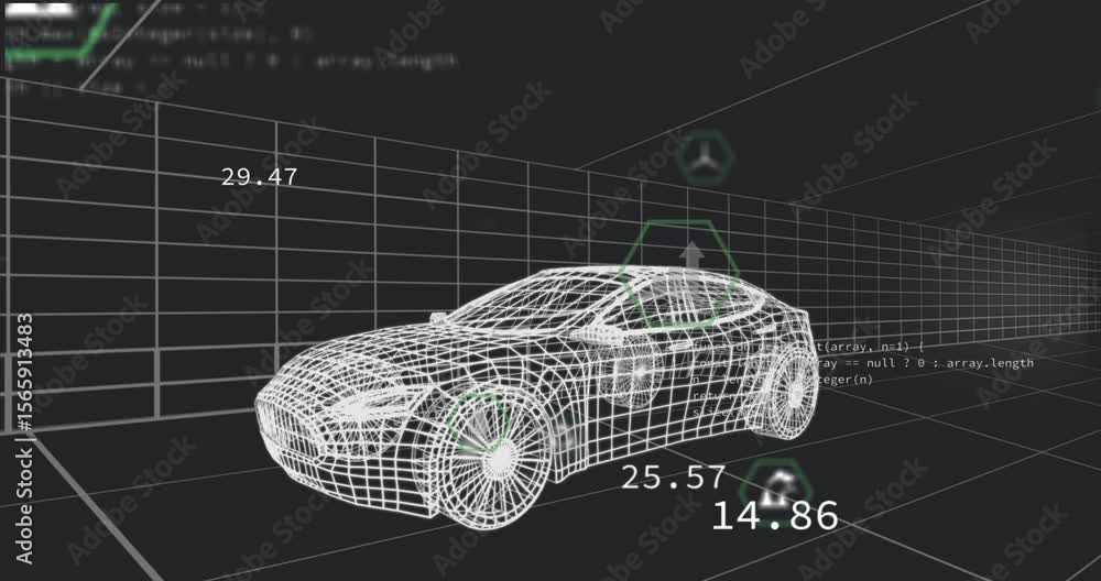 Poster opening simulation centering wireframe sedan in grid, pulsing icons updating metrics and rising co?