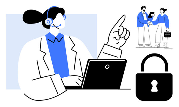 Woman using laptop and headset gesturing towards solutions, handshake symbolizing teamwork, and secured lock. Ideal for communication, customer support, teamwork, security, remote work, business