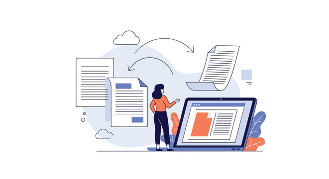 Illustrating a Woman Organizing Digital Documents and Information for Efficient Workflow Management and Data Processing