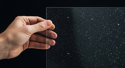 Hand holding transparent panel with starry sky image