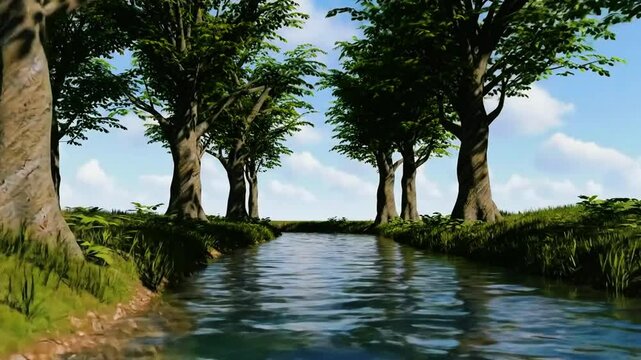 Sungai di hutan beech, pohon beech besar diam, aliran mulus, Realistis, 3D look (cinematic), Statis (kamera diam), Smooth (gerakan tidak tersendat), 4K resolusi, Loopable seamless