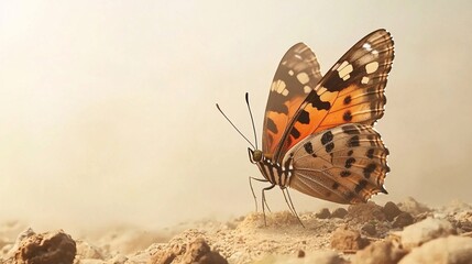 Obraz premium lone Painted Lady butterfly struggling to fly through a haze of distant industrial pollution, its wings slightly dulled, representing environmental stress. Painted Lady, butterfly, lone, struggling, 