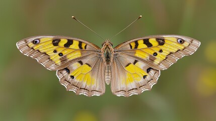 Obraz premium lone Painted Lady butterfly struggling to fly through a haze of distant industrial pollution, its wings slightly dulled, representing environmental stress. Painted Lady, butterfly, lone, struggling, 